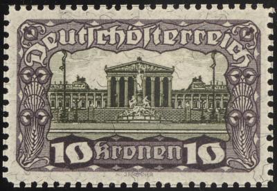(*) - Österr. 1919 - 10 Kronen Parlament Farbprobe in Schwarzviolett/Schwarz Linienzhg. 12 1/2 (ANK. Nr. 290 P), - Stamps