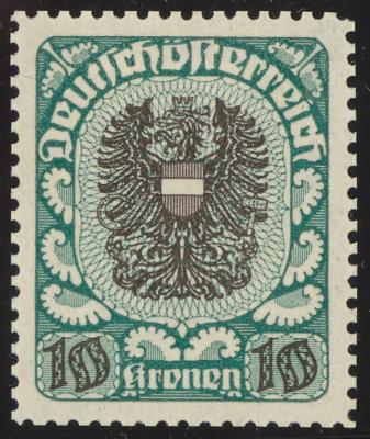 * - Österr. 1919 - 10 Kronen Wappenausg. Farbprobe in Blaugrün/Braun mit Orig. G. in Linienzhg, - Stamps
