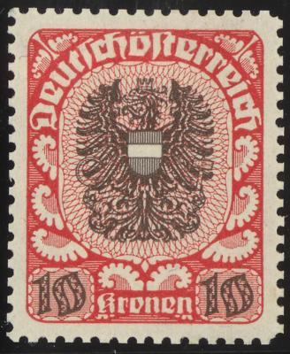 * - Österr. 1919 - 10 Kronen Wappenausg. Farbprobe in Rot/Braun mit Orig.-G. in Linienzhg. 12 1/2 (ANK. Nr.320 P), - Stamps