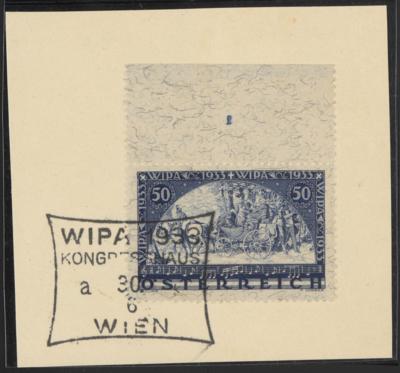 Briefstück - Österr. - WIPA Faser vom Bogenoberrand mit Plattennr. "1" und Kongresshaus - Sonderstempel vom 30.6., - Briefmarken