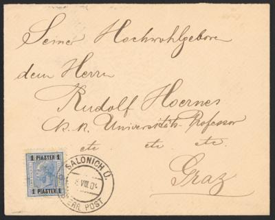 Poststück - Österr. Levante "SALONICH Ü. a ÖSTERR. POST" (= ÜSKÜB!) auf Kuvert mit Nr. 41 nach Graz vom 6. VIII. 1904, - Známky