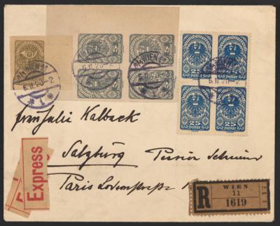 Poststück - Österr. Nr. 265 c (25 H tiefblau) im Viererblock auf portogerechtem Express - Einschreibbrief, - Známky