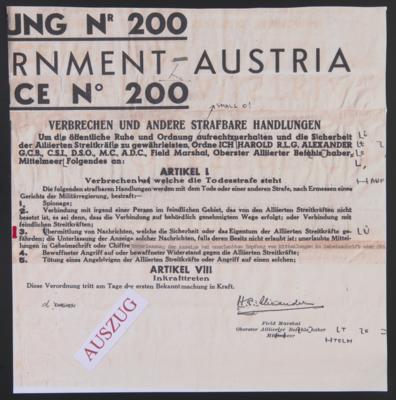 Poststück - Original-Maueranschlag Verordnung Nr. 200 der britischen Besatzungsmacht (H. R. Alexander) 1945 in Kärnten, - Briefmarken