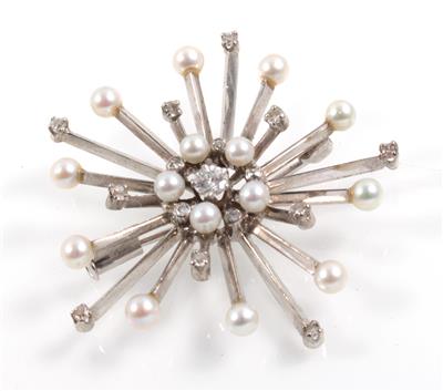 Diamant Kulturperlenbrosche - Korallen und Perlen
