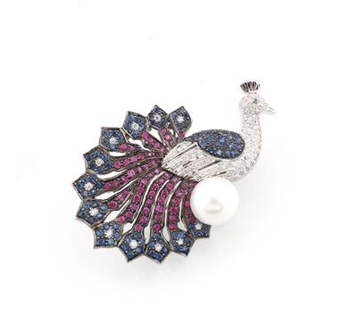 Brillant Farbsteinbrosche Pfau - Exquisite jewellery