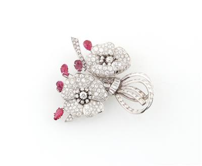 Diamant Rubin Blüten Brosche - Exquisite jewellery