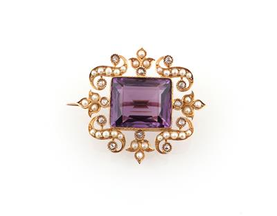 Halbperlen Diamantrauten Amethyst Brosche - Exquisite jewellery