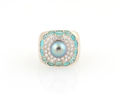 Paraibaturmalin Ring mit Brillanten und Tahitiperle - Exquisite jewellery