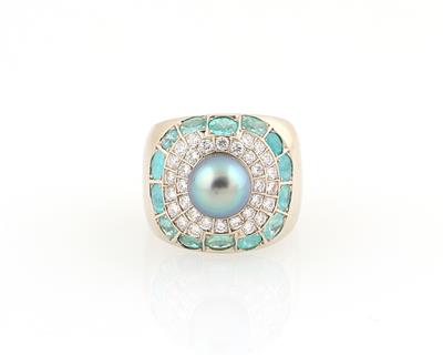 Paraibaturmalin Ring mit Brillanten und Tahitiperle - Erlesener Schmuck