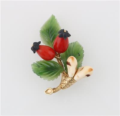 Korallen Grandl Nephrit Brosche Hagebutten - Exquisite jewellery