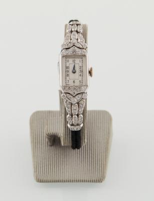 Damenschmuckarmbanduhr mit Diamanten und Scharniergehäuse, um 1920 -- Gehäuse: - Erlesener Schmuck