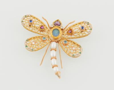 Kulturperlen Farbstein Brosche Libelle - Exquisite jewellery - Mother's Day Auction