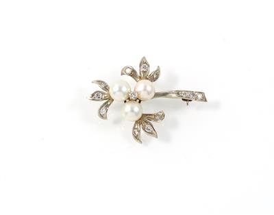 Brillant-Kulturperlenbrosche zus. ca. 0,50 ct - Schmuck