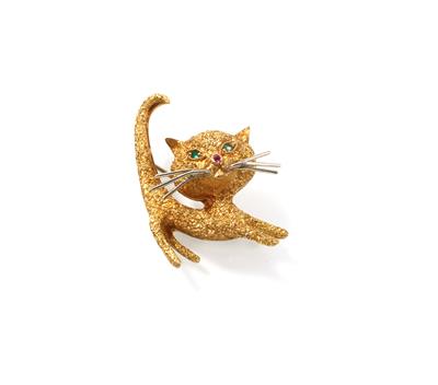 Rubin Smaragdbrosche Katze - Schmuck Schwerpunkt Flora & Fauna