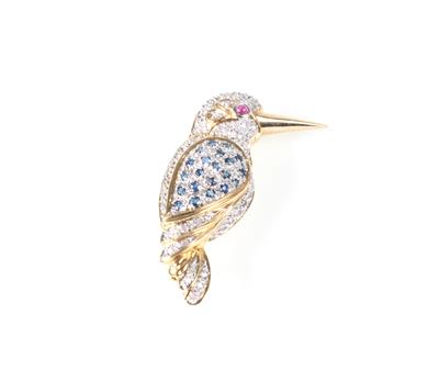 Achtkandiamant Saphir Rubin Brosche Vogel - Jewellery