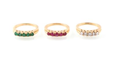 Drei Brillant Farbsteinringe - Jewellery