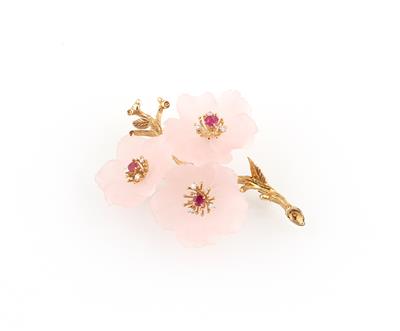 Brillant Rubin Rosenquarz Blütenbrosche - Schmuck