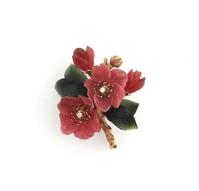 Brillant Rhodochrosit Nephrit Blütenbrosche - Schmuck