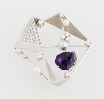 Kulturperlen Brillant Amethyst Designbrosche - Schmuck