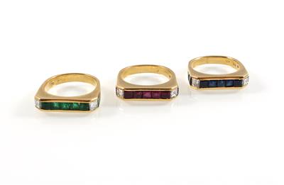 Drei Diamantfarbsteinringe - Jewellery