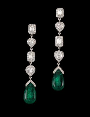 A pair of diamond and emerald ear pendants - Jewellery