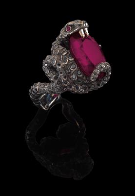 A rubellite and diamond ring in the shape of a snake - Jewellery