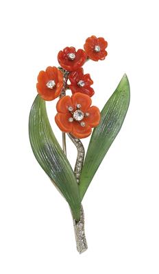 Coral and diamond flower brooch - Klenoty