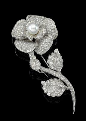 A brilliant and cultured pearl rose brooch - Klenoty