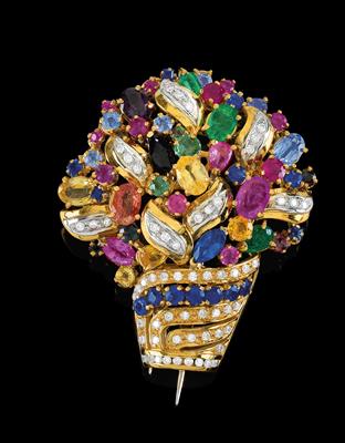 A brilliant and gemstone flower basket brooch - Klenoty