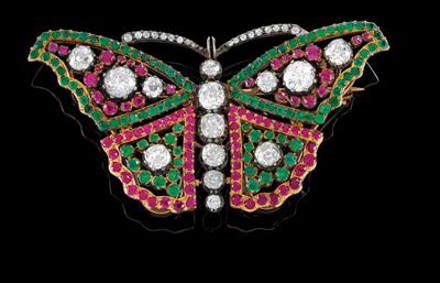 A diamond and coloured stone brooch in the shape of a butterfly - Jewellery