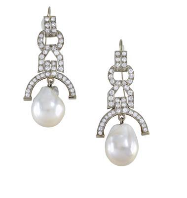 A pair of diamond and cultured pearl earrings - Klenoty
