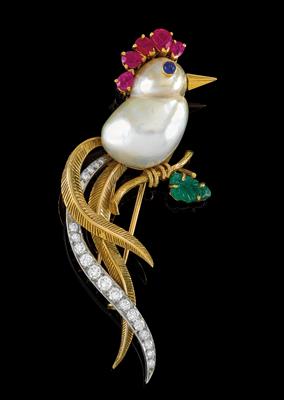 A cultured pearl, brilliant and gemstone ‘bird of paradise’ brooch - Jewellery