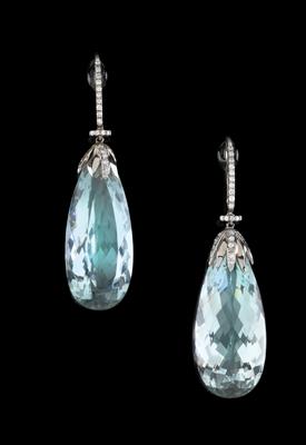 A pair of aquamarine ear pendants, total weight c. 65 ct - Klenoty