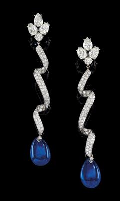 A pair of diamond ear pendants with untreated sapphires total weight c. 16 ct - Klenoty