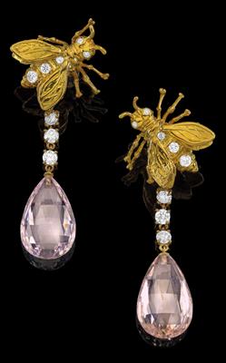 A pair of morganite ear pendants, total weight ca. 18 ct - Klenoty