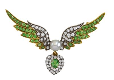 An Oriental pearl, diamond, and tsavorite brooch - Klenoty