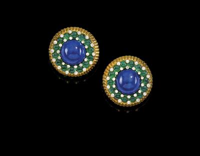 Paltscho – A pair of brilliant, emerald, and lapis lazuli ear clips - Gioielli