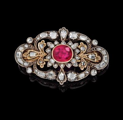 A diamond brooch with untreated Burma ruby c. 2 ct - Klenoty