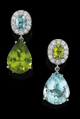 A pair of aquamarine and peridot ear pendants - Klenoty