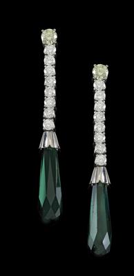 A pair of brilliant and tourmaline ear pendants - Klenoty