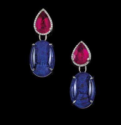 A pair of tanzanite ear pendants, total weight c. 27 ct - Jewellery