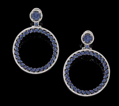 A pair of diamond and sapphire pendant ear clips - Gioielli