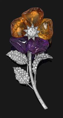 A brilliant, citrine and amethyst floral brooch - Klenoty