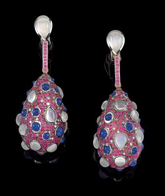 A pair of sapphire and moonstone ear clip pendants by A. E. Köchert - Klenoty