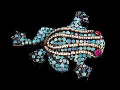 An octagonal diamond, ruby and opal frog brooch - Gioielli