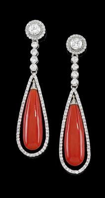 A pair of brilliant and coral ear stud pendants - Jewellery