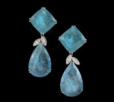 A pair of brilliant and aquamarine pendant ear clips - Jewellery