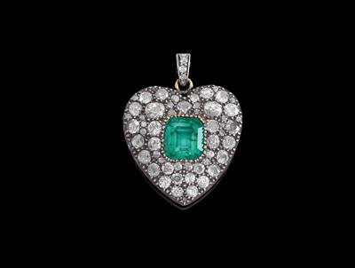 An old-cut diamond and emerald heart-shaped pendant - Jewellery