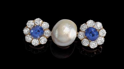 An Oriental pearl brooch with untreated sapphires total weight c. 4.20 ct - Klenoty