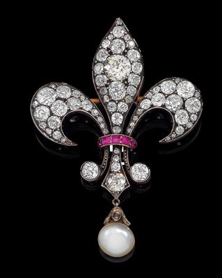 An old-cut diamond and ruby fleur-de-lis brooch - Jewellery